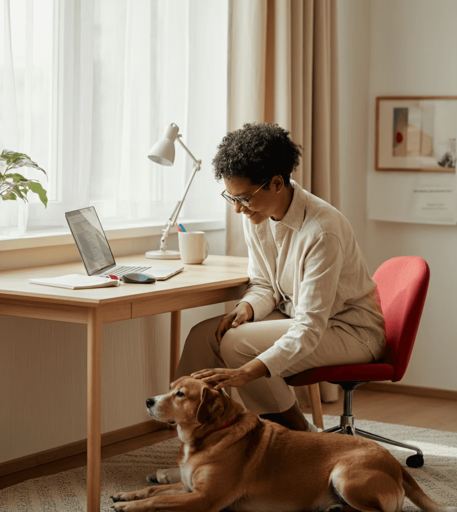 Founder working at a desk reviewing R&D documentation